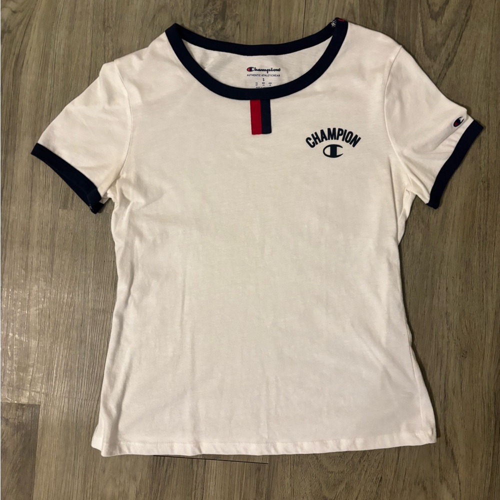 Champion White Tee with Navy and Red Accents